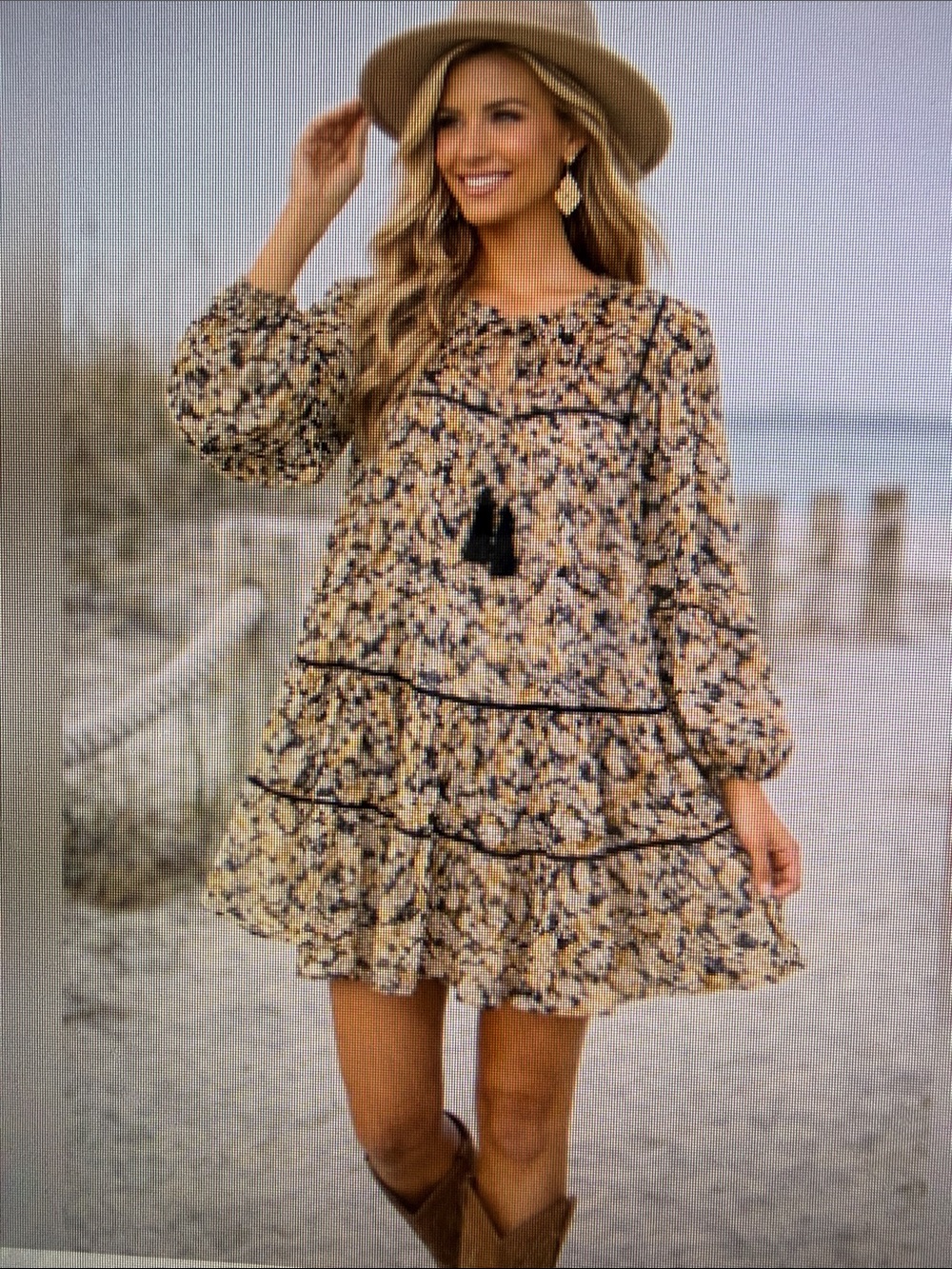 FreePeople Boho Mini Dress in Cream Black Metallic Silver Ballon Sleeve Retro XS
